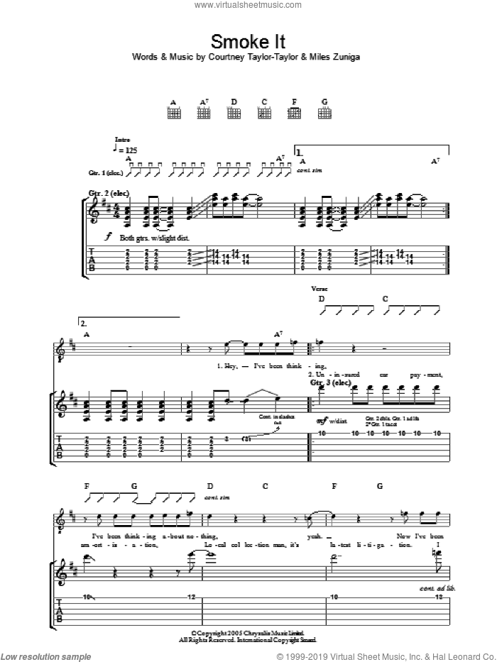 Smoke It sheet music for guitar (tablature) by The Dandy Warhols, Courtney Taylor-Taylor and Miles Zuniga, intermediate skill level