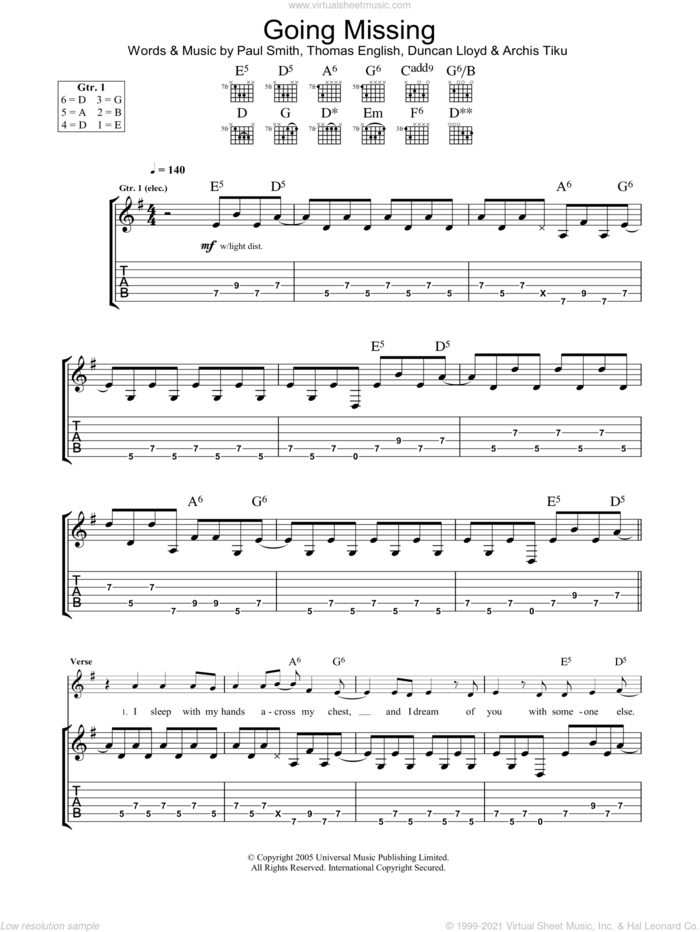 Going Missing sheet music for guitar (tablature) by Maximo Park, Archis Tiku, Duncan Lloyd, Paul Smith and Thomas English, intermediate skill level