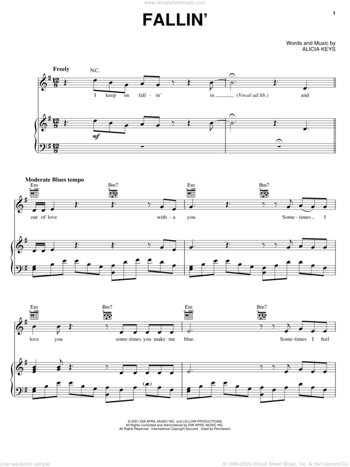 Fallin' sheet music for voice, piano or guitar by Alicia Keys, wedding score, intermediate skill level