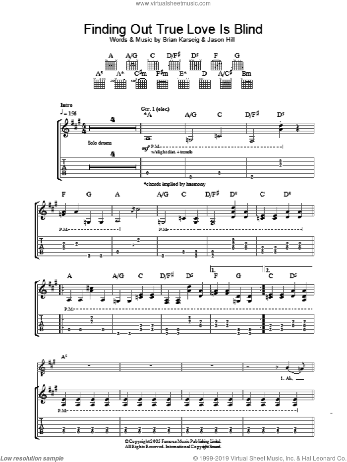 Finding Out True Love Is Blind sheet music for guitar (tablature) by Louis XIV, Brian Karscig and Jason Hill, intermediate skill level