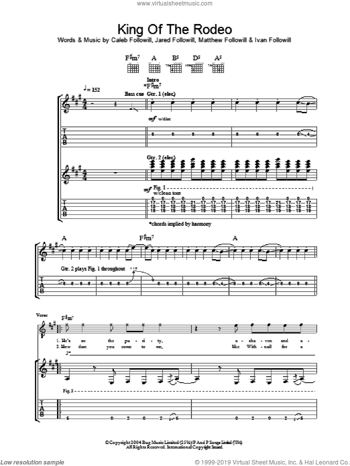 King Of The Rodeo sheet music for guitar (tablature) by Kings Of Leon, Caleb Followill, Ivan Followill, Jared Followill and Matthew Followill, intermediate skill level