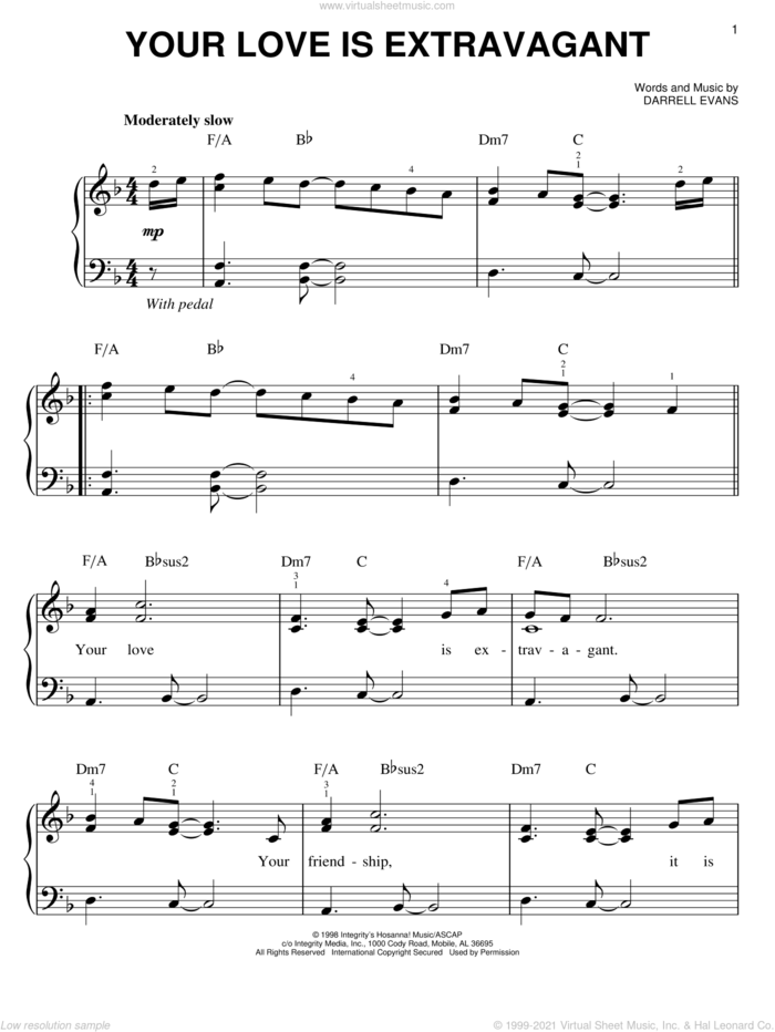 Your Love Is Extravagant sheet music for piano solo by Casting Crowns and Darrell Evans, easy skill level