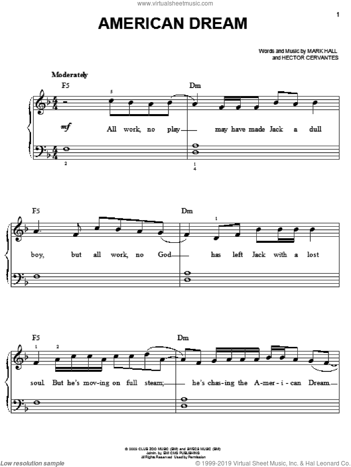 American Dream sheet music for piano solo by Casting Crowns, Hector Cervantes and Mark Hall, easy skill level