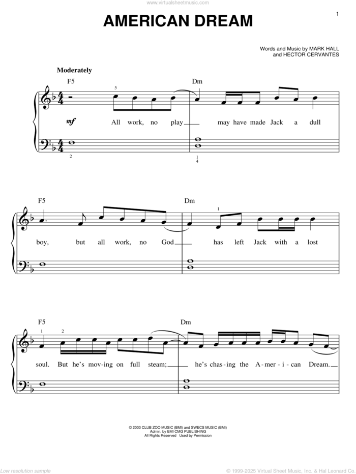 American Dream sheet music for piano solo by Casting Crowns, Hector Cervantes and Mark Hall, easy skill level