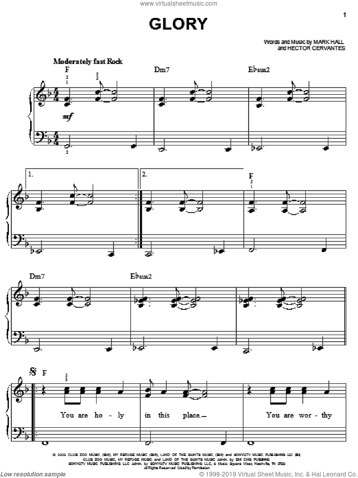 Glory sheet music for piano solo by Casting Crowns, Hector Cervantes and Mark Hall, easy skill level