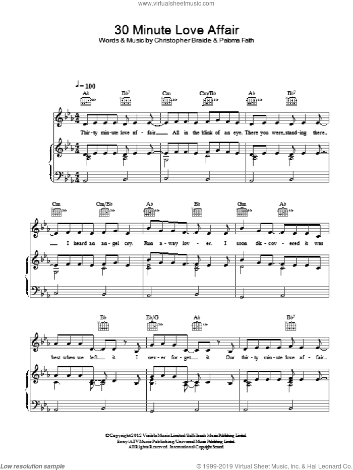 30 Minute Love Affair sheet music for voice, piano or guitar by Paloma Faith and Chris Braide, intermediate skill level