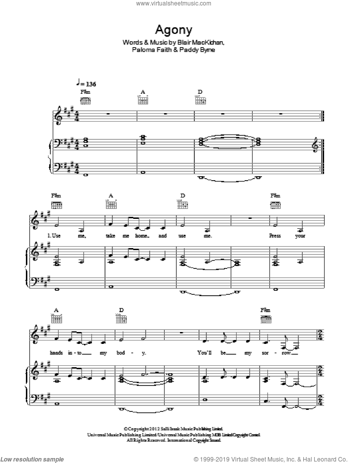 Agony sheet music for voice, piano or guitar by Paloma Faith, Blair MacKichan and Paddy Byrne, intermediate skill level