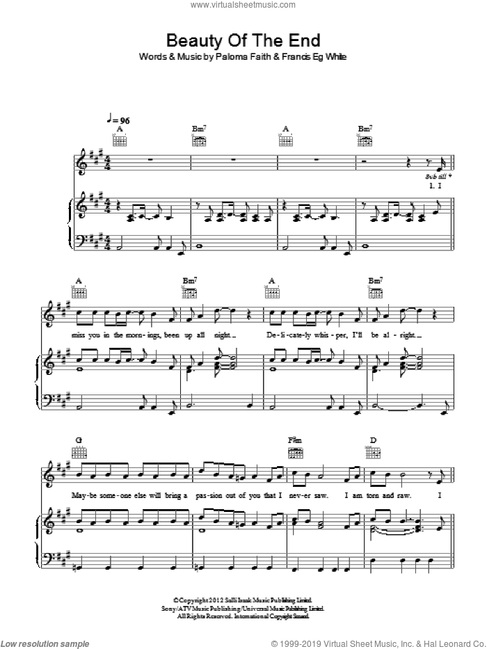 Beauty Of The End sheet music for voice, piano or guitar by Paloma Faith and Francis White, intermediate skill level