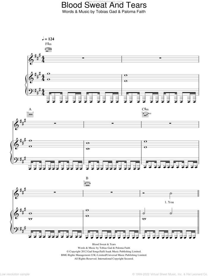 Blood Sweat and Tears sheet music for voice, piano or guitar by Paloma Faith and Toby Gad, intermediate skill level