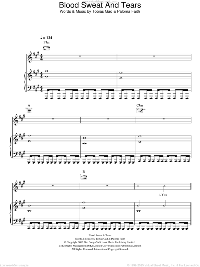 Blood Sweat and Tears sheet music for voice, piano or guitar by Paloma Faith and Toby Gad, intermediate skill level