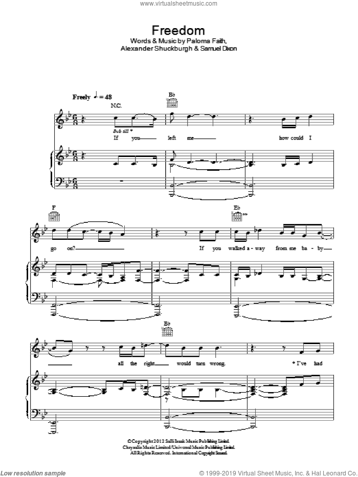 Freedom sheet music for voice, piano or guitar by Paloma Faith, Al Shuckburgh and Samuel Dixon, intermediate skill level