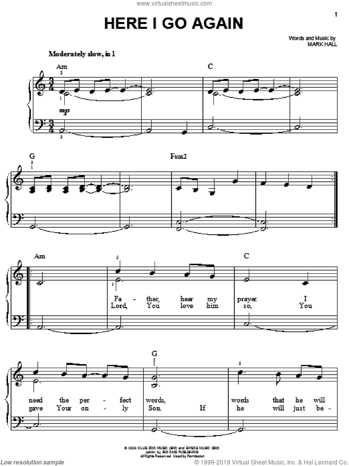 Here I Go Again, (easy) sheet music for piano solo by Casting Crowns and Mark Hall, easy skill level