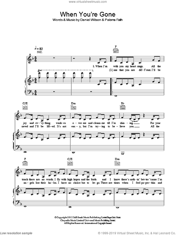 When You're Gone sheet music for voice, piano or guitar by Paloma Faith and Dan Wilson, intermediate skill level