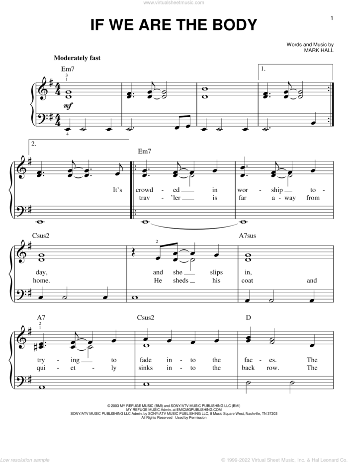 If We Are The Body sheet music for piano solo by Casting Crowns and Mark Hall, easy skill level