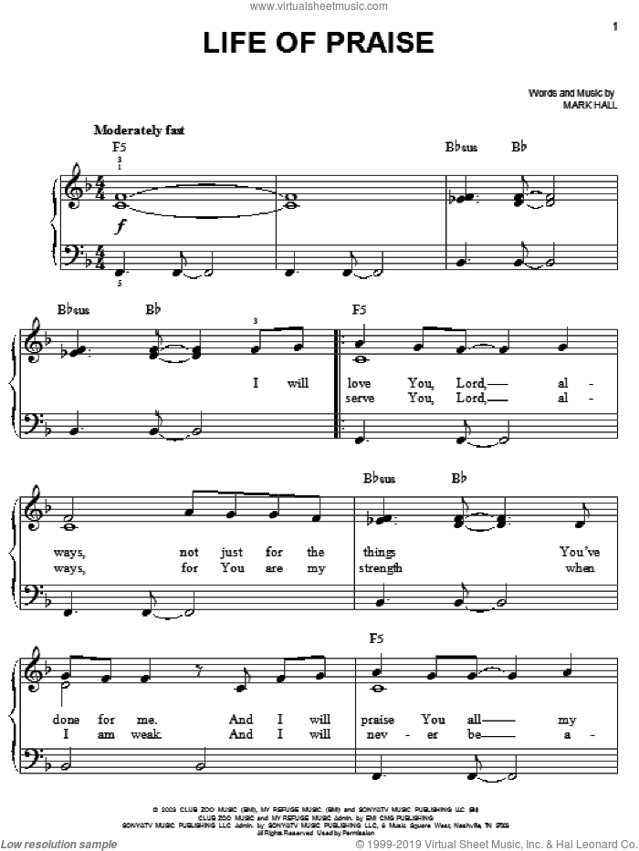 Life Of Praise sheet music for piano solo by Casting Crowns and Mark Hall, easy skill level