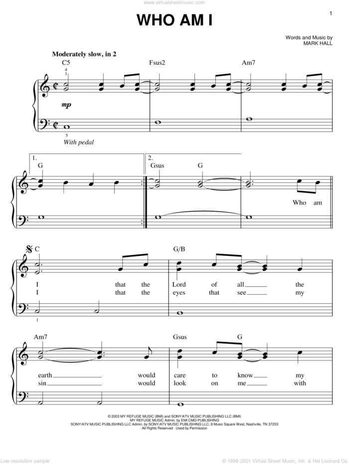 Who Am I, (easy) sheet music for piano solo by Casting Crowns and Mark Hall, easy skill level