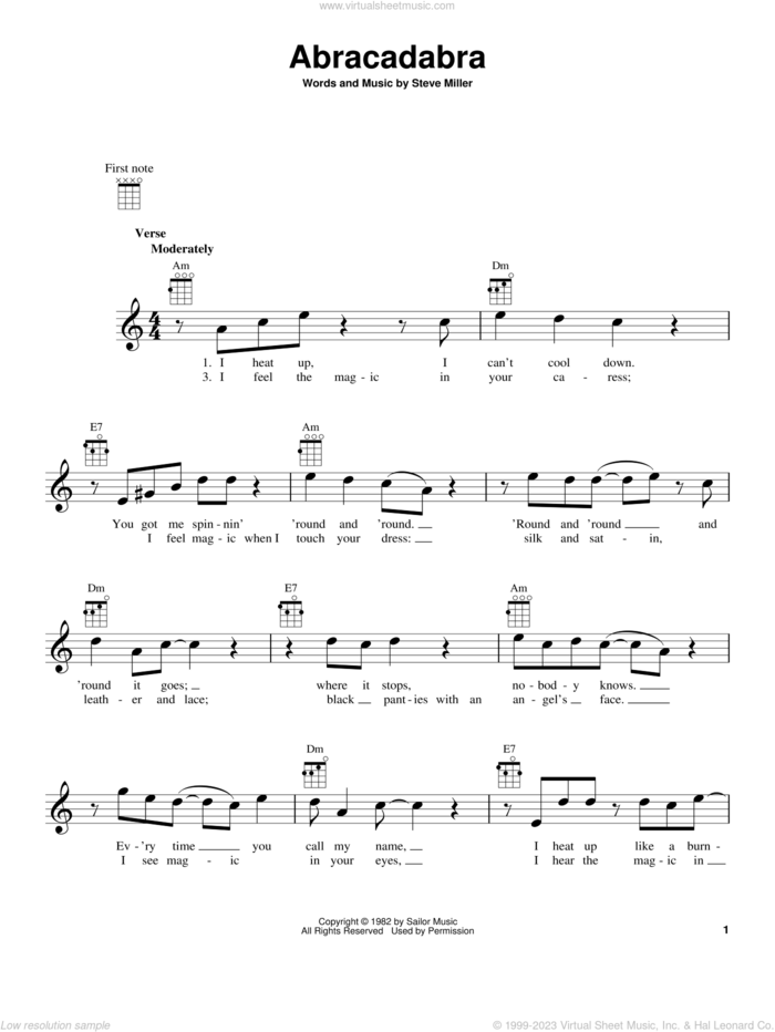 Abracadabra sheet music for ukulele by Steve Miller Band and Steve Miller, intermediate skill level