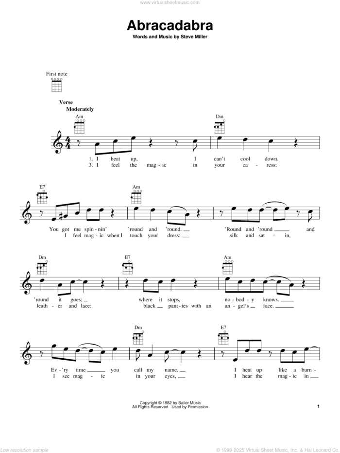 Abracadabra sheet music for ukulele by Steve Miller Band and Steve Miller, intermediate skill level