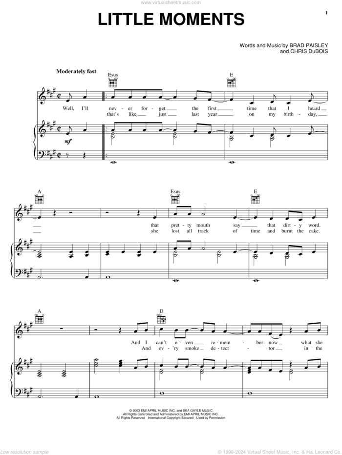 Little Moments sheet music for voice, piano or guitar by Brad Paisley and Chris DuBois, intermediate skill level