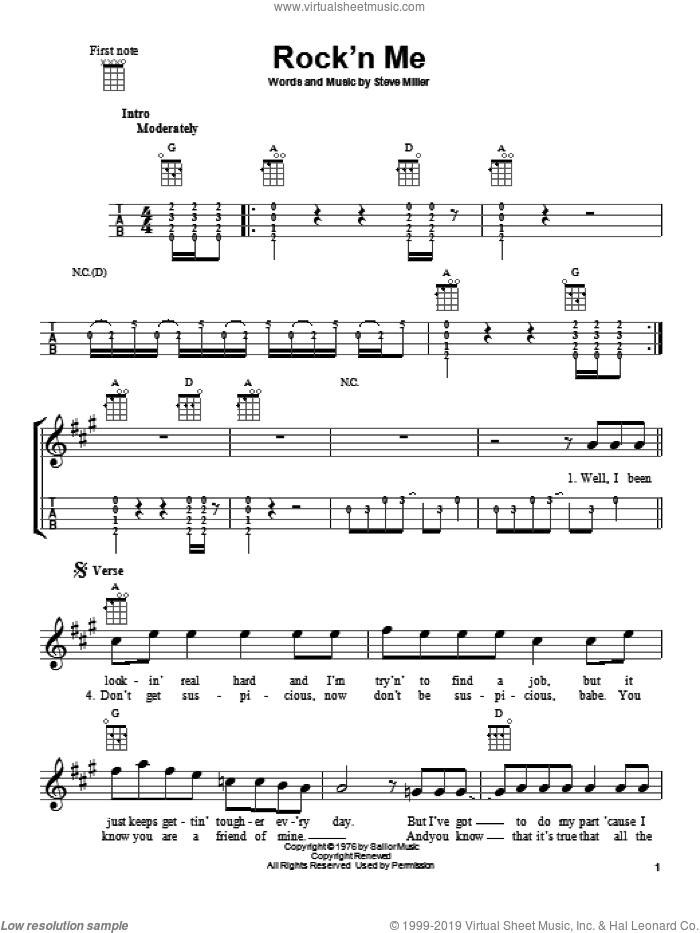 Rock'n Me sheet music for ukulele by Steve Miller Band and Steve Miller, intermediate skill level