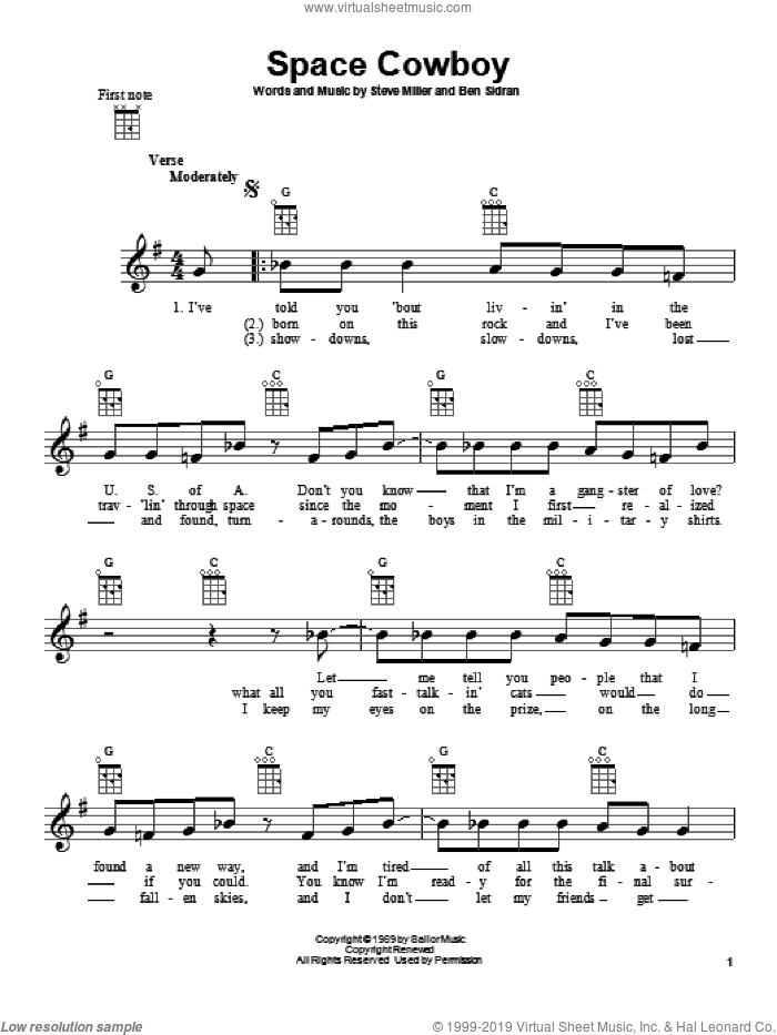 Space Cowboy sheet music for ukulele by Steve Miller Band and Steve Miller, intermediate skill level