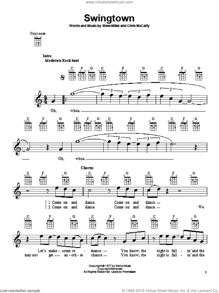 Swingtown sheet music for ukulele by Steve Miller Band and Steve Miller, intermediate skill level