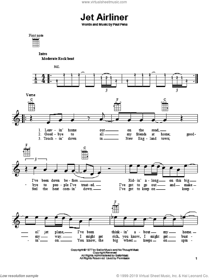 Jet Airliner sheet music for ukulele by Steve Miller Band and Steve Miller, intermediate skill level