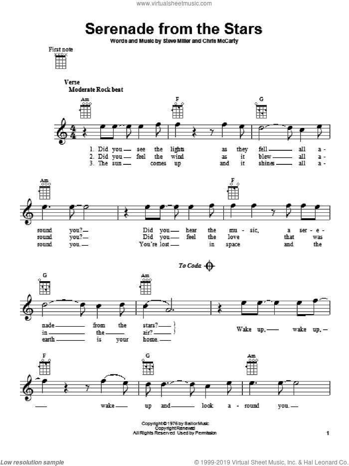 Serenade From The Stars sheet music for ukulele by Steve Miller Band and Steve Miller, intermediate skill level