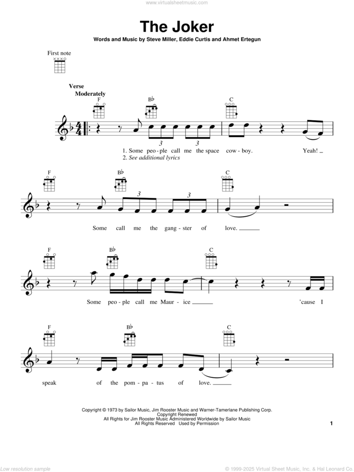 The Joker sheet music for ukulele by Steve Miller Band and Steve Miller, intermediate skill level