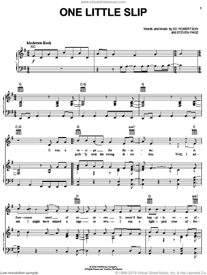 One Little Slip sheet music for voice, piano or guitar by Barenaked Ladies, Chicken Little (Movie), Ed Robertson and Steven Page, intermediate skill level