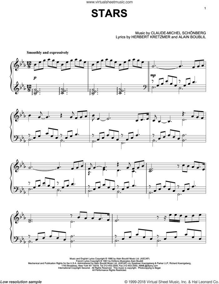 Stars sheet music for piano solo by Les Miserables (Musical), Alain Boublil and Claude-Michel Schonberg, intermediate skill level
