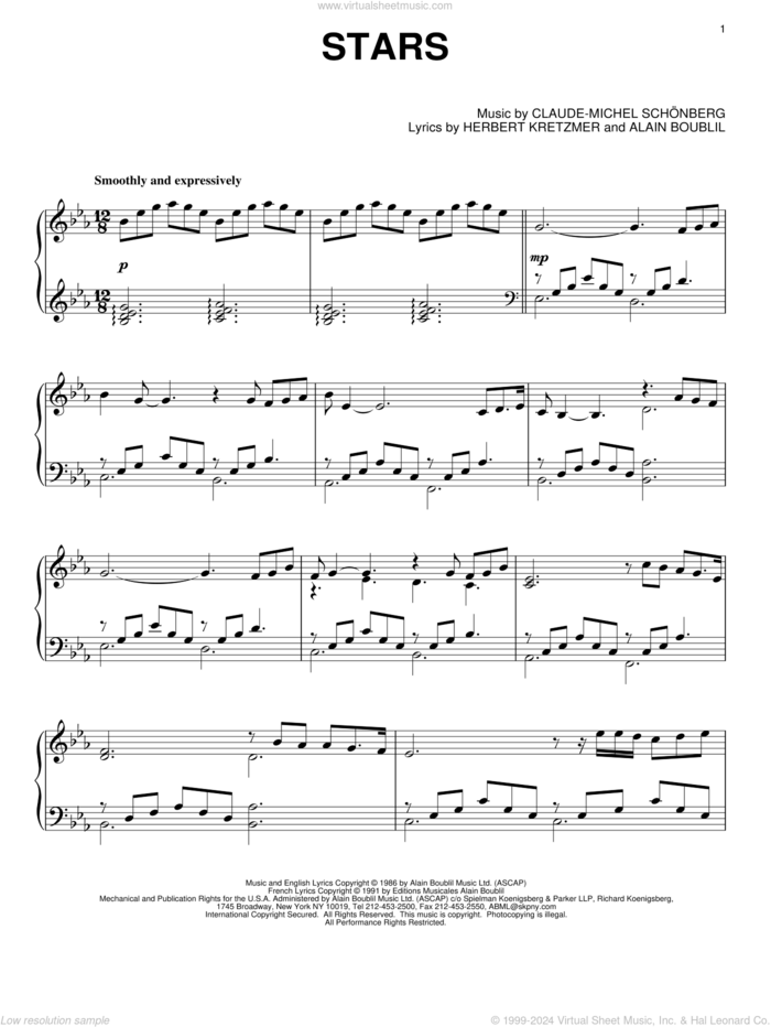 Stars sheet music for piano solo by Les Miserables (Musical), Alain Boublil and Claude-Michel Schonberg, intermediate skill level