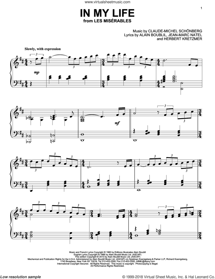 In My Life sheet music for piano solo by Les Miserables (Musical), Alain Boublil and Claude-Michel Schonberg, intermediate skill level