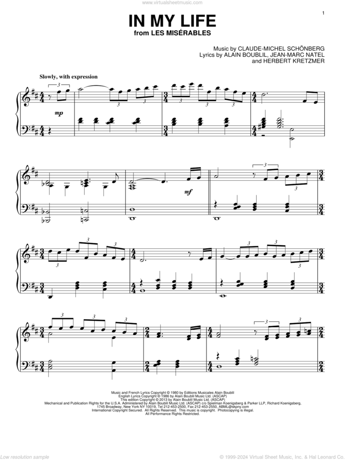 In My Life sheet music for piano solo by Les Miserables (Musical), Alain Boublil and Claude-Michel Schonberg, intermediate skill level