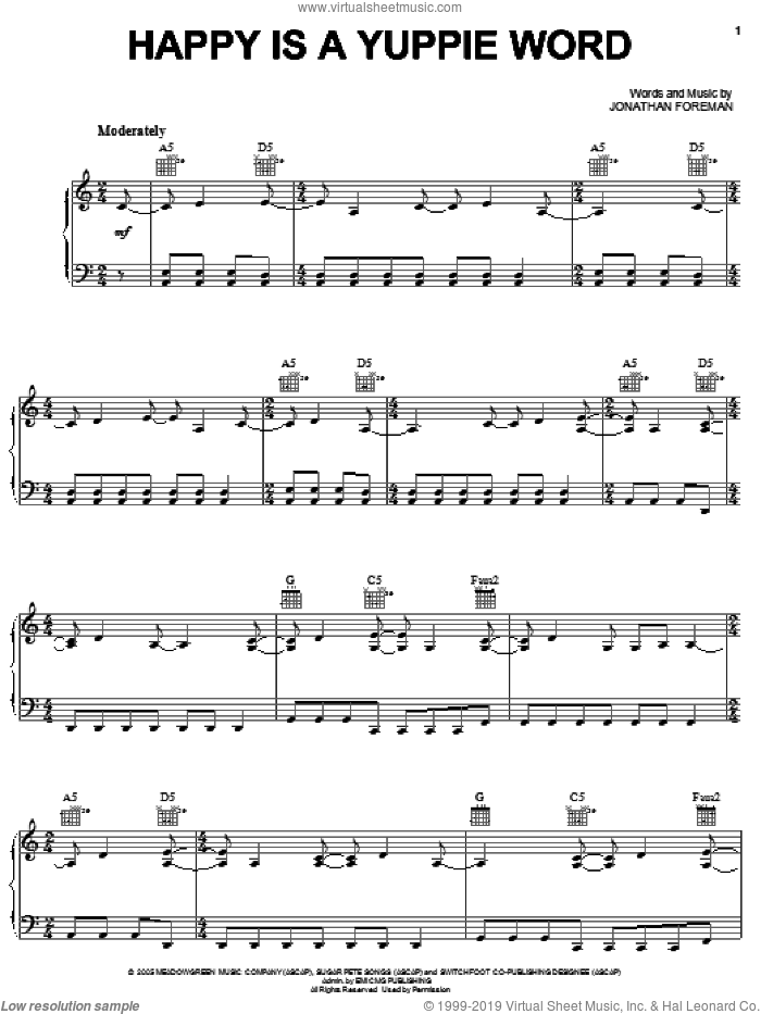 Happy Is A Yuppie Word sheet music for voice, piano or guitar by Switchfoot and Jonathan Foreman, intermediate skill level