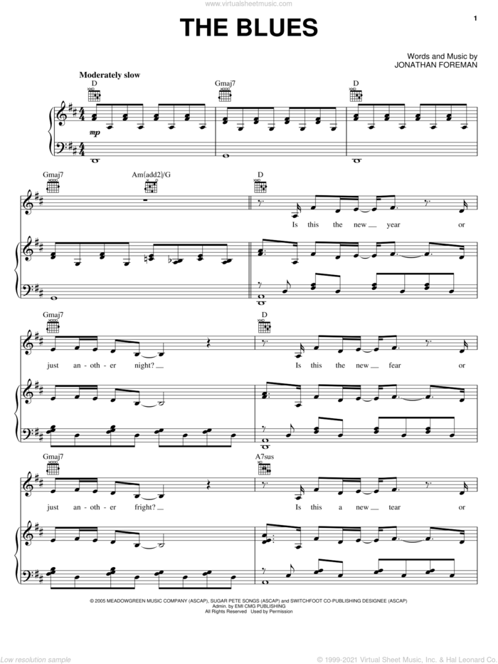 The Blues sheet music for voice, piano or guitar by Switchfoot and Jonathan Foreman, intermediate skill level