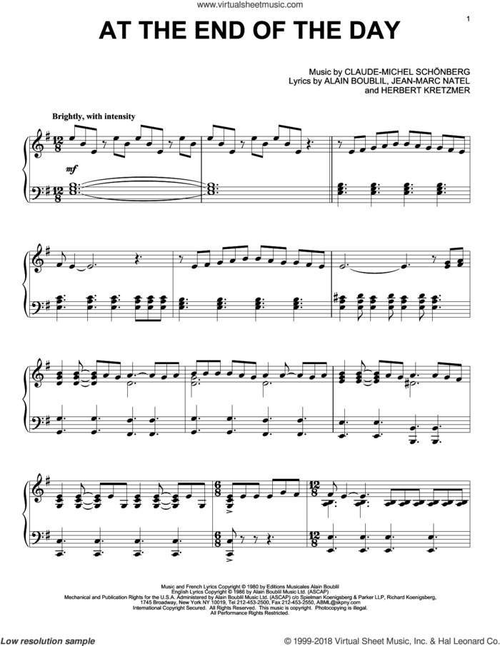 At The End Of The Day sheet music for piano solo by Les Miserables (Musical), Alain Boublil and Claude-Michel Schonberg, intermediate skill level