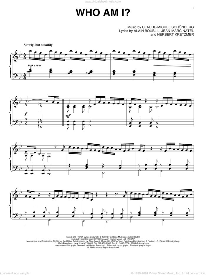 Who Am I? sheet music for piano solo by Les Miserables (Musical), Alain Boublil and Claude-Michel Schonberg, intermediate skill level