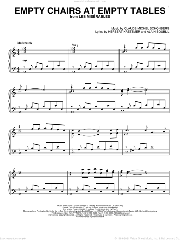 Empty Chairs At Empty Tables sheet music for piano solo by Les Miserables (Musical), Alain Boublil and Claude-Michel Schonberg, intermediate skill level