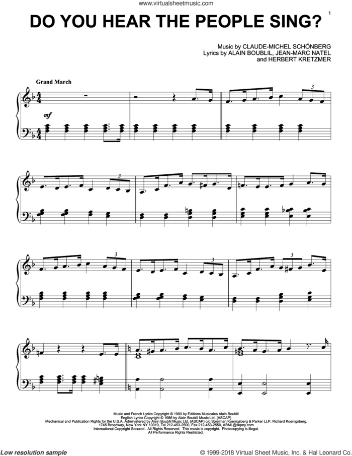 Do You Hear The People Sing? sheet music for piano solo by Les Miserables (Musical), Alain Boublil and Claude-Michel Schonberg, intermediate skill level