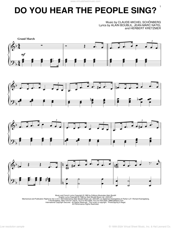 Do You Hear The People Sing? sheet music for piano solo by Les Miserables (Musical), Alain Boublil and Claude-Michel Schonberg, intermediate skill level