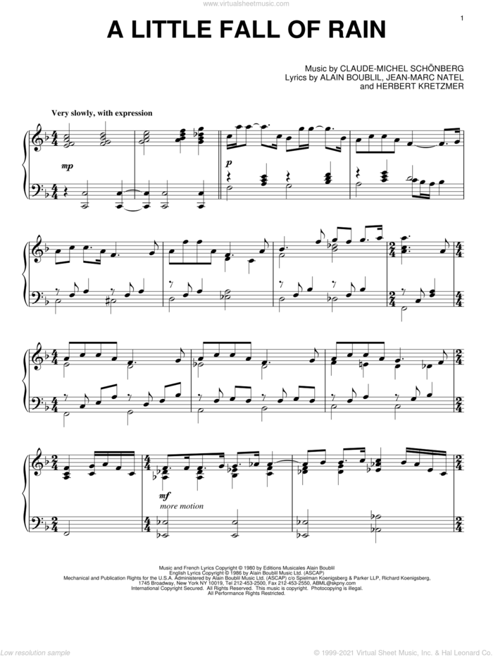 A Little Fall Of Rain sheet music for piano solo by Les Miserables (Musical), Alain Boublil and Claude-Michel Schonberg, intermediate skill level