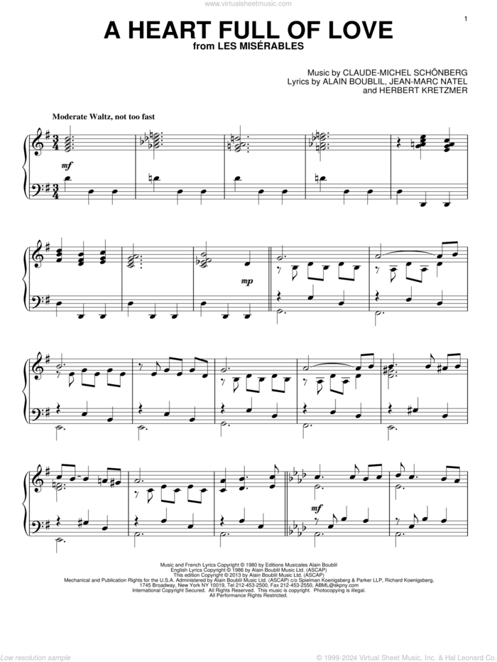 A Heart Full Of Love sheet music for piano solo by Les Miserables (Musical), Alain Boublil and Claude-Michel Schonberg, intermediate skill level