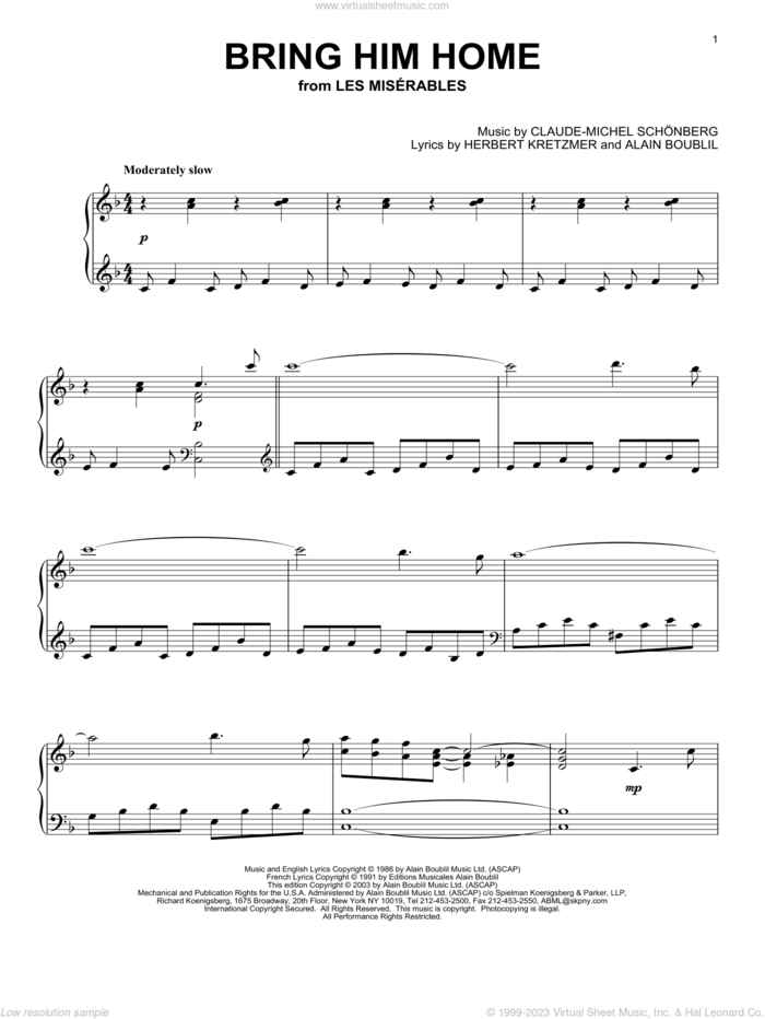 Bring Him Home (from Les Miserables) sheet music for piano solo by Les Miserables (Musical), Alain Boublil and Claude-Michel Schonberg, intermediate skill level