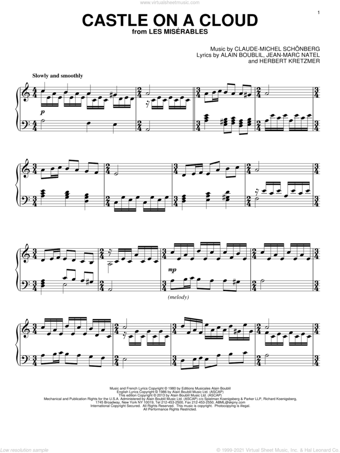 Castle On A Cloud sheet music for piano solo by Les Miserables (Musical), Alain Boublil and Claude-Michel Schonberg, intermediate skill level