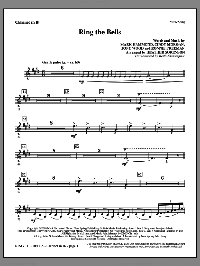 Ring The Bells sheet music for orchestra/band (Bb clarinet) by Tony Wood, Cindy Morgan, Mark Hammond, Ronnie Freeman and Heather Sorenson, intermediate skill level