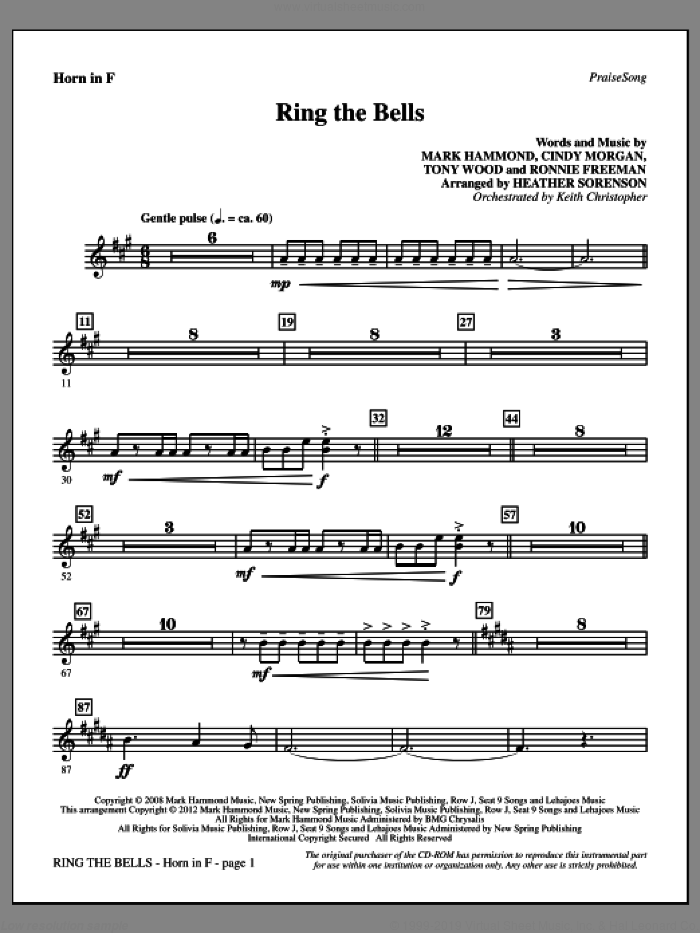 Ring The Bells sheet music for orchestra/band (f horn) by Tony Wood, Cindy Morgan, Mark Hammond, Ronnie Freeman and Heather Sorenson, intermediate skill level