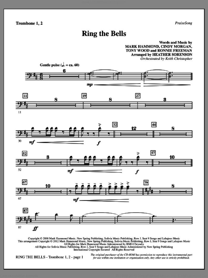 Ring The Bells sheet music for orchestra/band (trombone 1 and 2) by Tony Wood, Cindy Morgan, Mark Hammond, Ronnie Freeman and Heather Sorenson, intermediate skill level