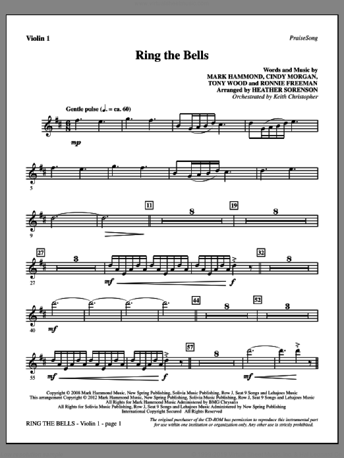 Ring The Bells sheet music for orchestra/band (violin 1) by Tony Wood, Cindy Morgan, Mark Hammond, Ronnie Freeman and Heather Sorenson, intermediate skill level