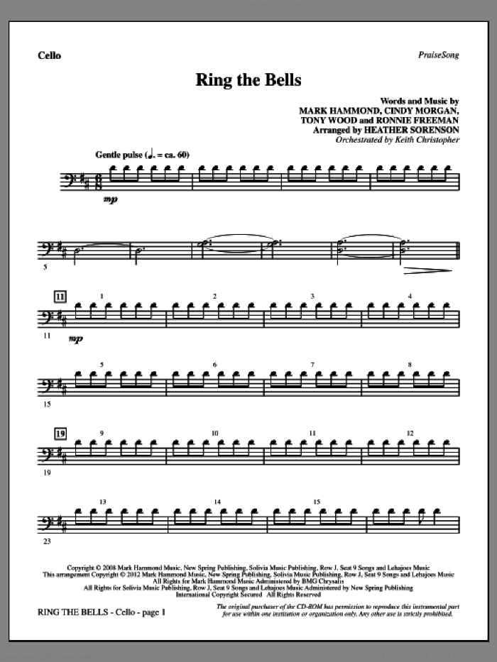 Ring The Bells sheet music for orchestra/band (cello) by Tony Wood, Cindy Morgan, Mark Hammond, Ronnie Freeman and Heather Sorenson, intermediate skill level